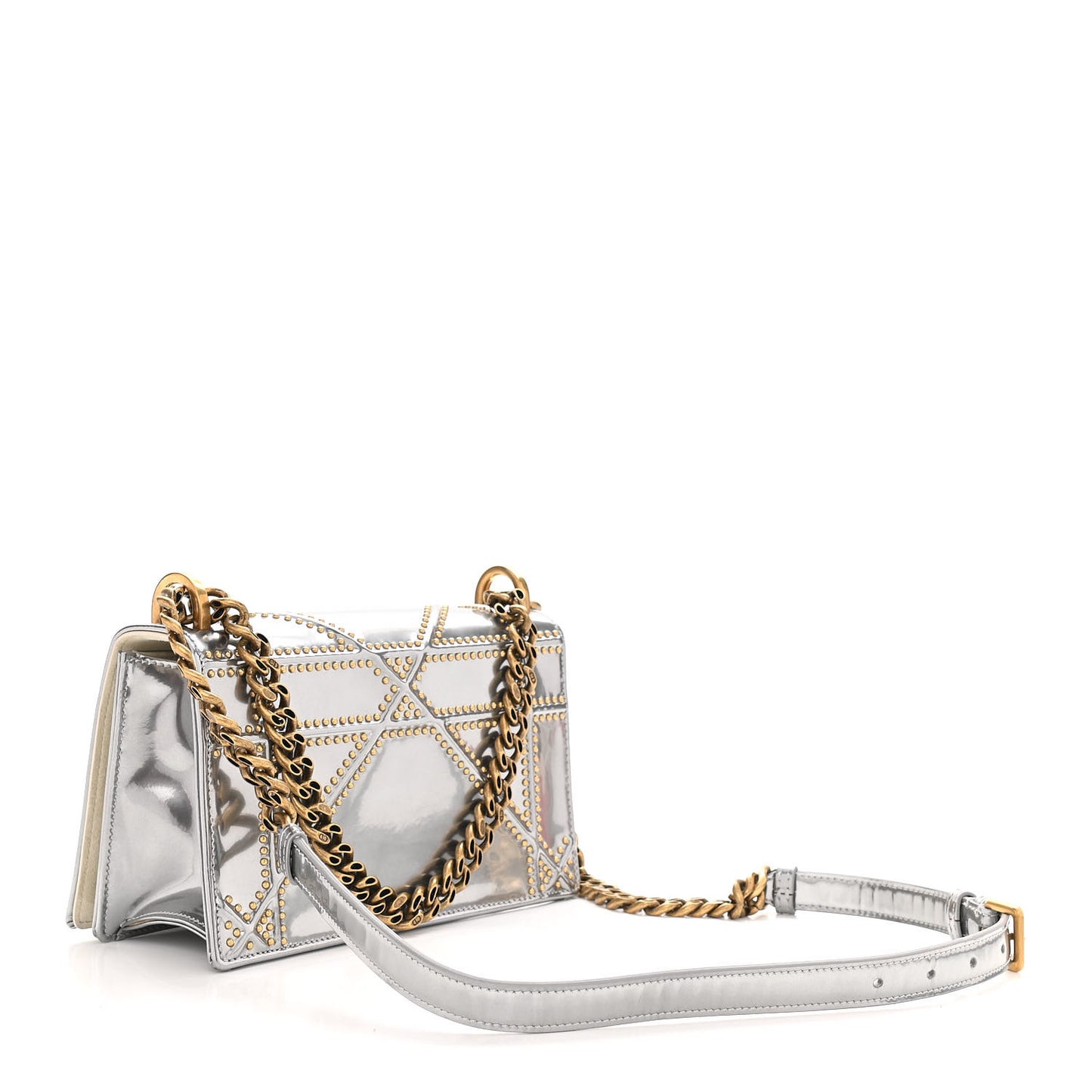 Metallic Patent Studded Small Diorama Flap Bag Silver