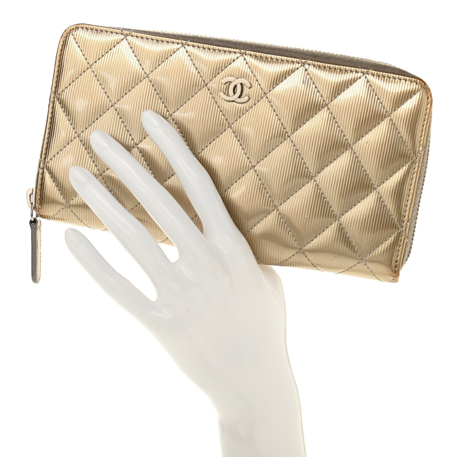 Chanel Striated Patent Zip Around Wallet Gold 2 of 22