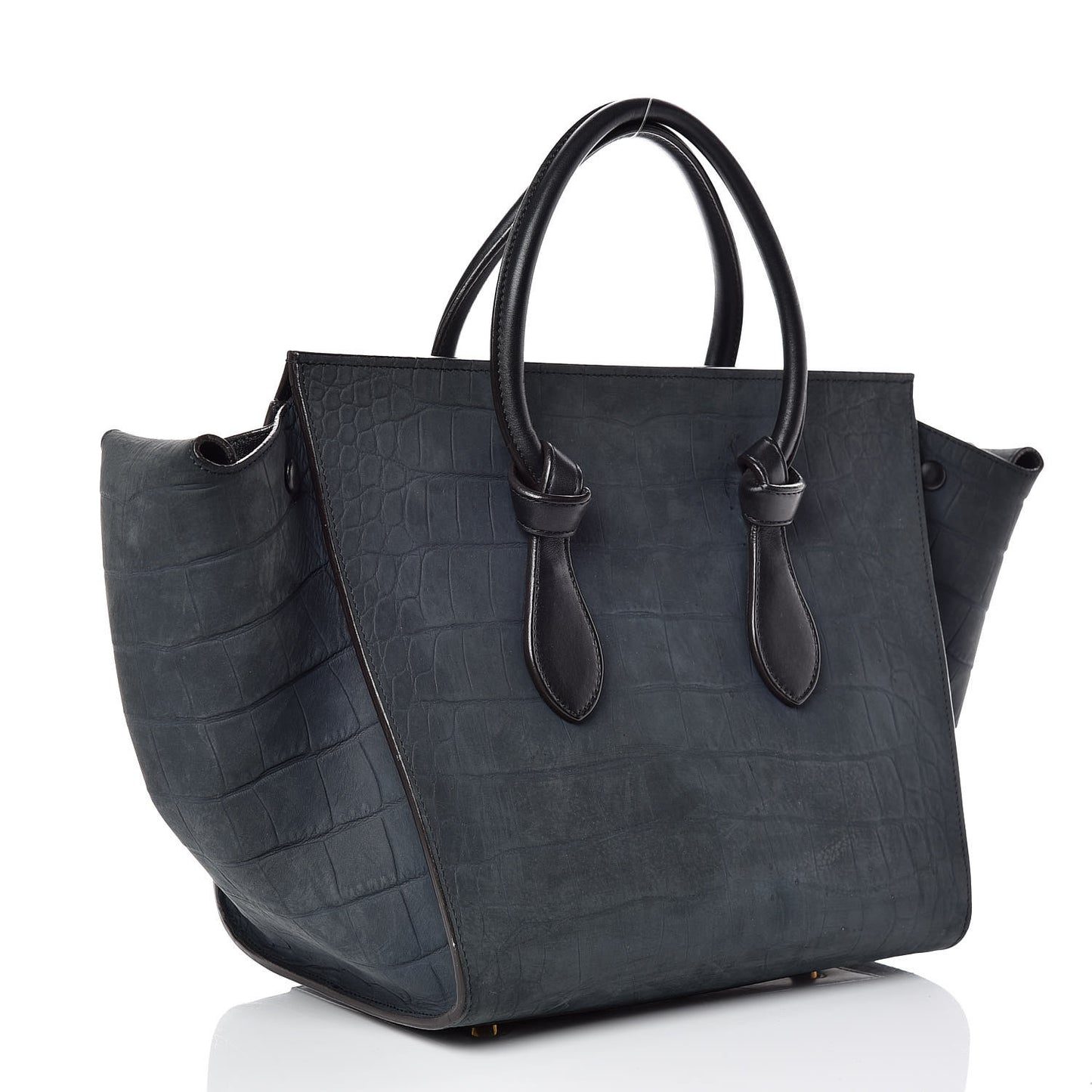 Smooth Calfskin Nubuck Crocodile Embossed Small Tie Knot Tote Navy