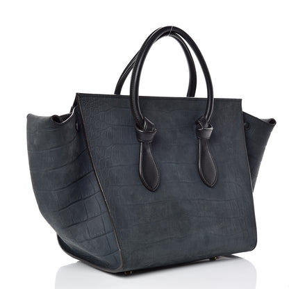 Celine Smooth Calfskin Nubuck Crocodile Embossed Small Tie Knot Tote Navy 4 of 17