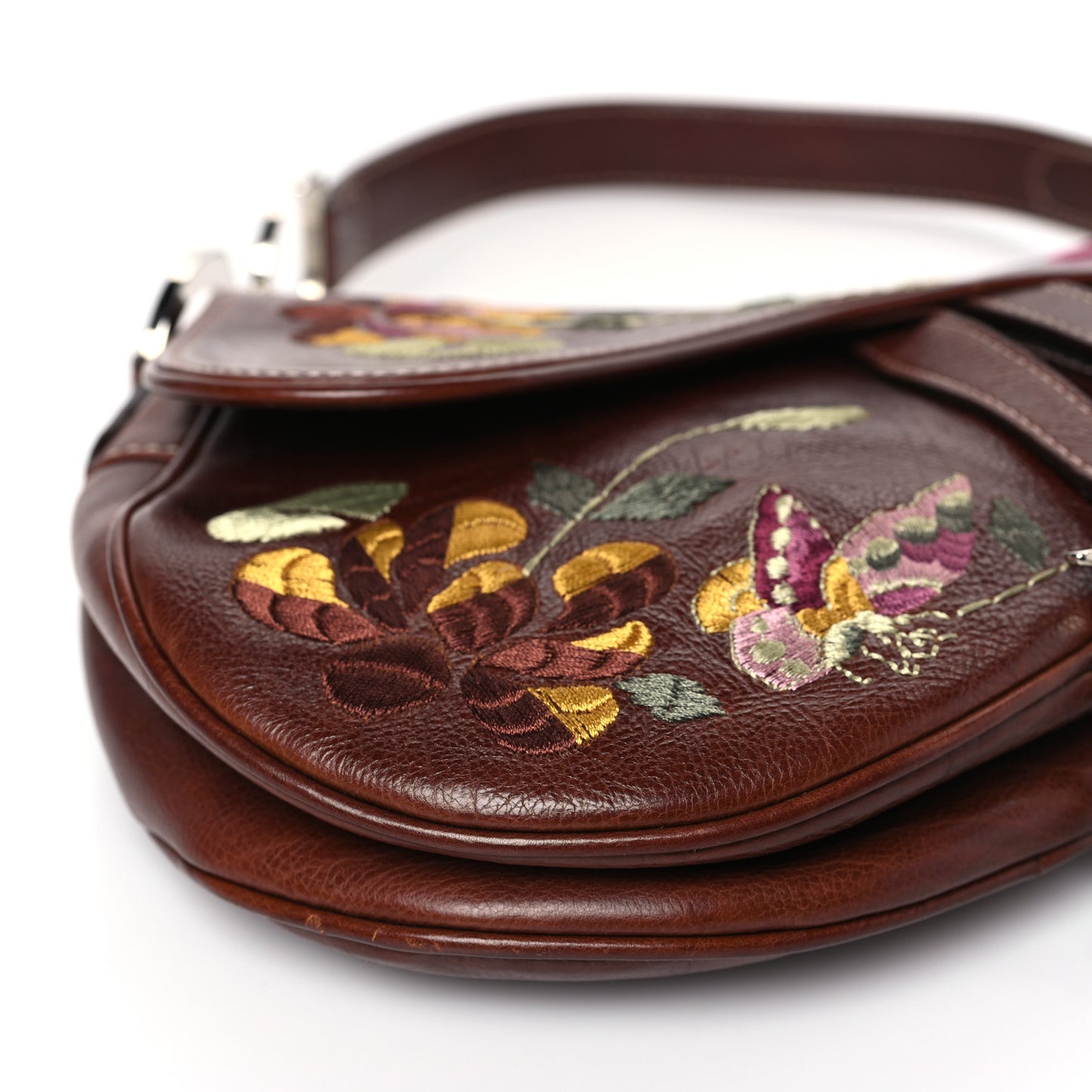 Calfskin Embroidered Romantic Flowers Saddle Bag Brown