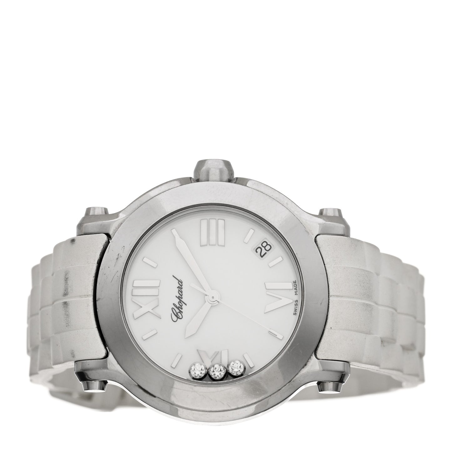 Stainless Steel Rubber 3 Diamond 36mm Happy Sport Quartz Watch White