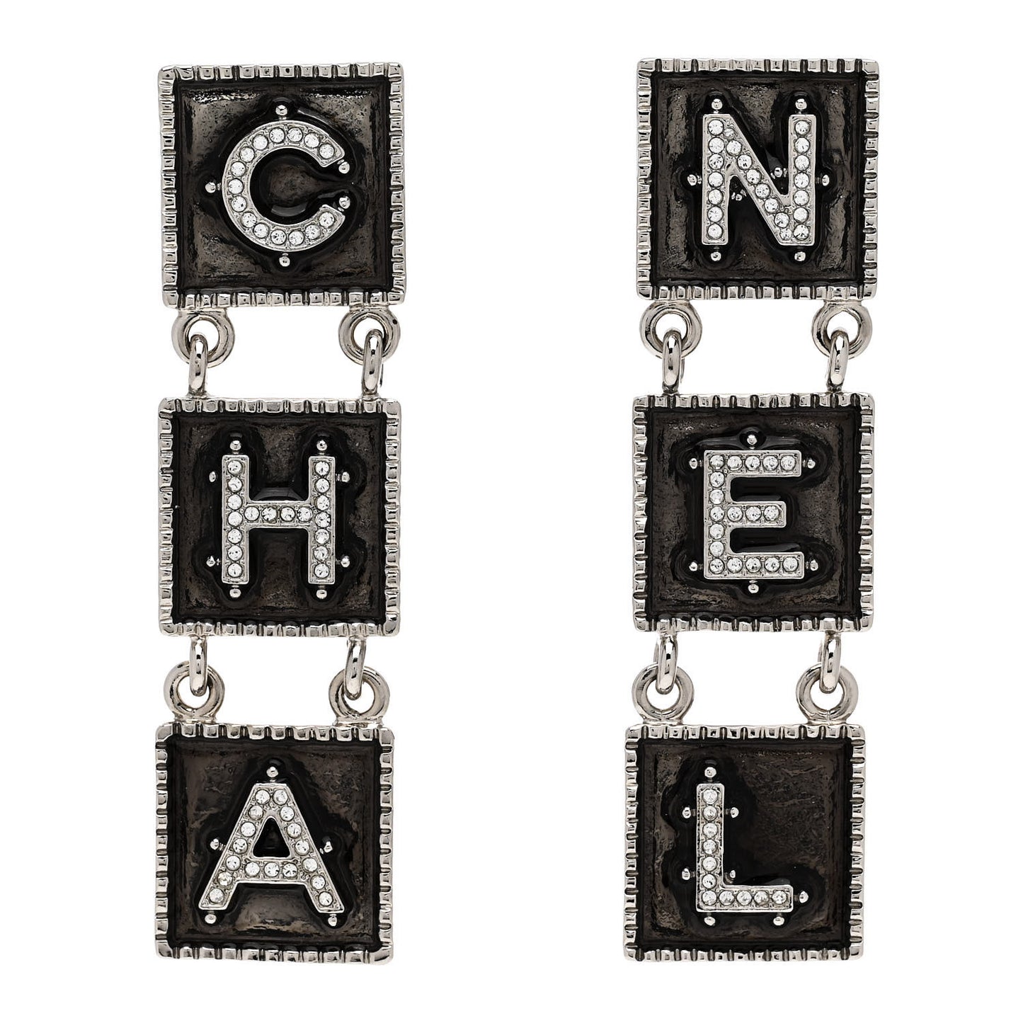 Metal Crystal Cha-Nel Logo Drop Earrings Silver