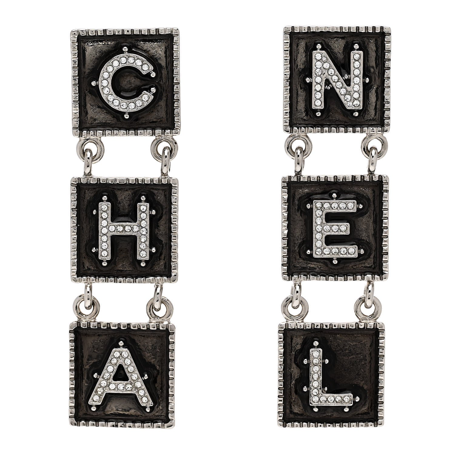 Chanel Metal Crystal Cha-Nel Logo Drop Earrings Silver 1 of 5