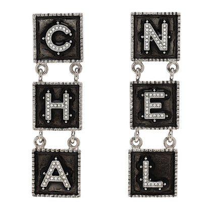 Chanel Metal Crystal Cha-Nel Logo Drop Earrings Silver 1 of 5