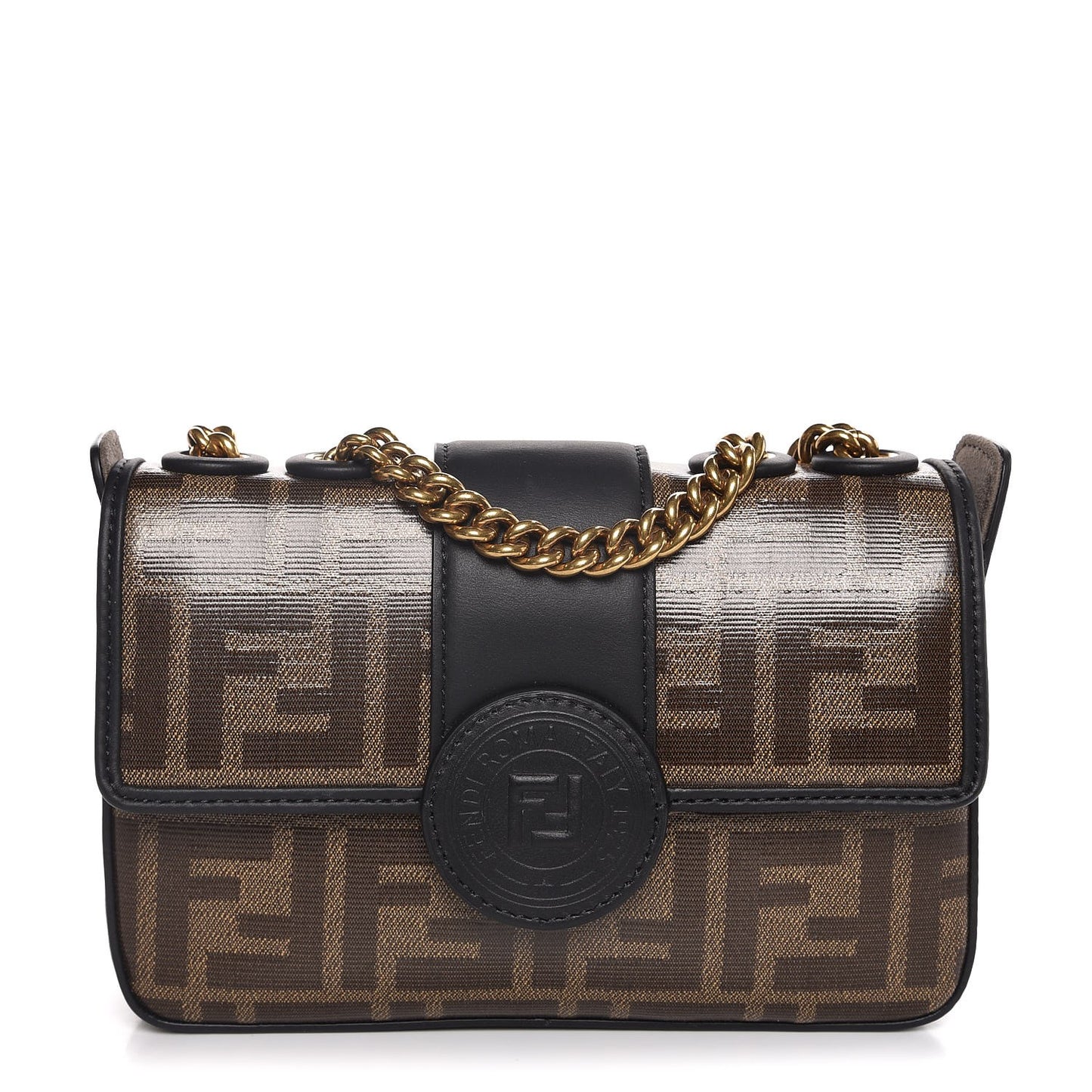 Glazed Fabric Vitello Century FF 1974 Stamp Patch Mini Double F Crossbody Bag Mogano Panna Black