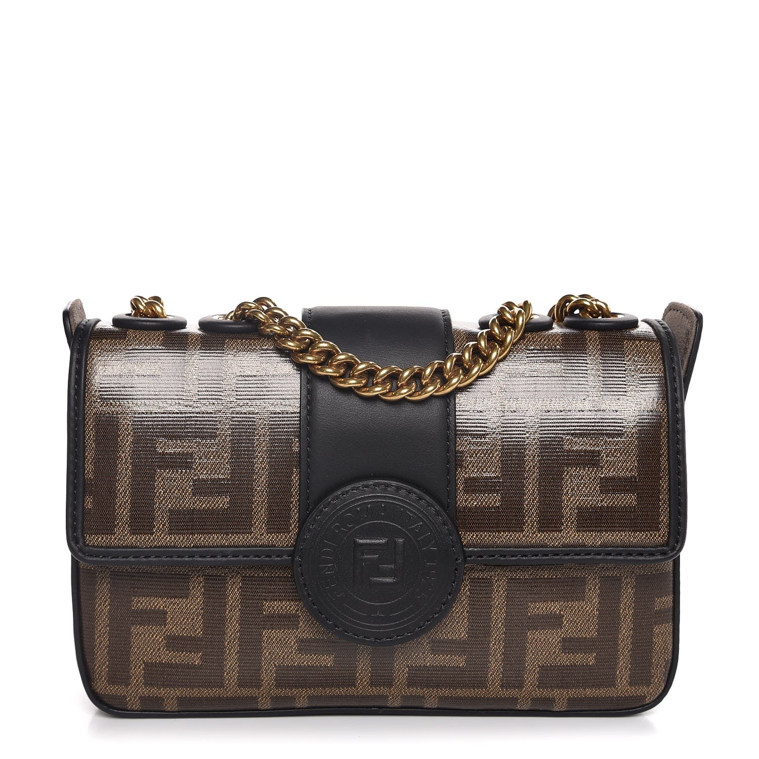 Fendi Glazed Fabric Vitello Century FF 1974 Stamp Patch Mini Double F Crossbody Bag Mogano Panna Black 1 of 8
