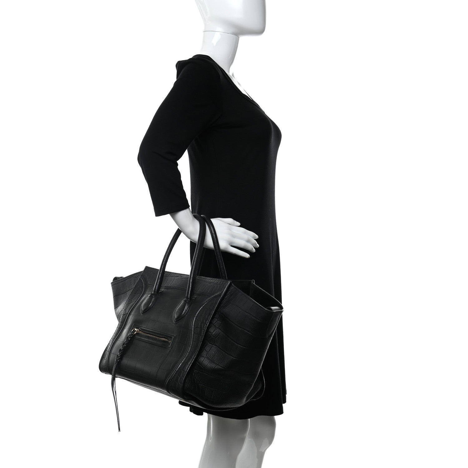 Celine Calfskin Crocodile Embossed Medium Phantom Luggage Black 2 of 15