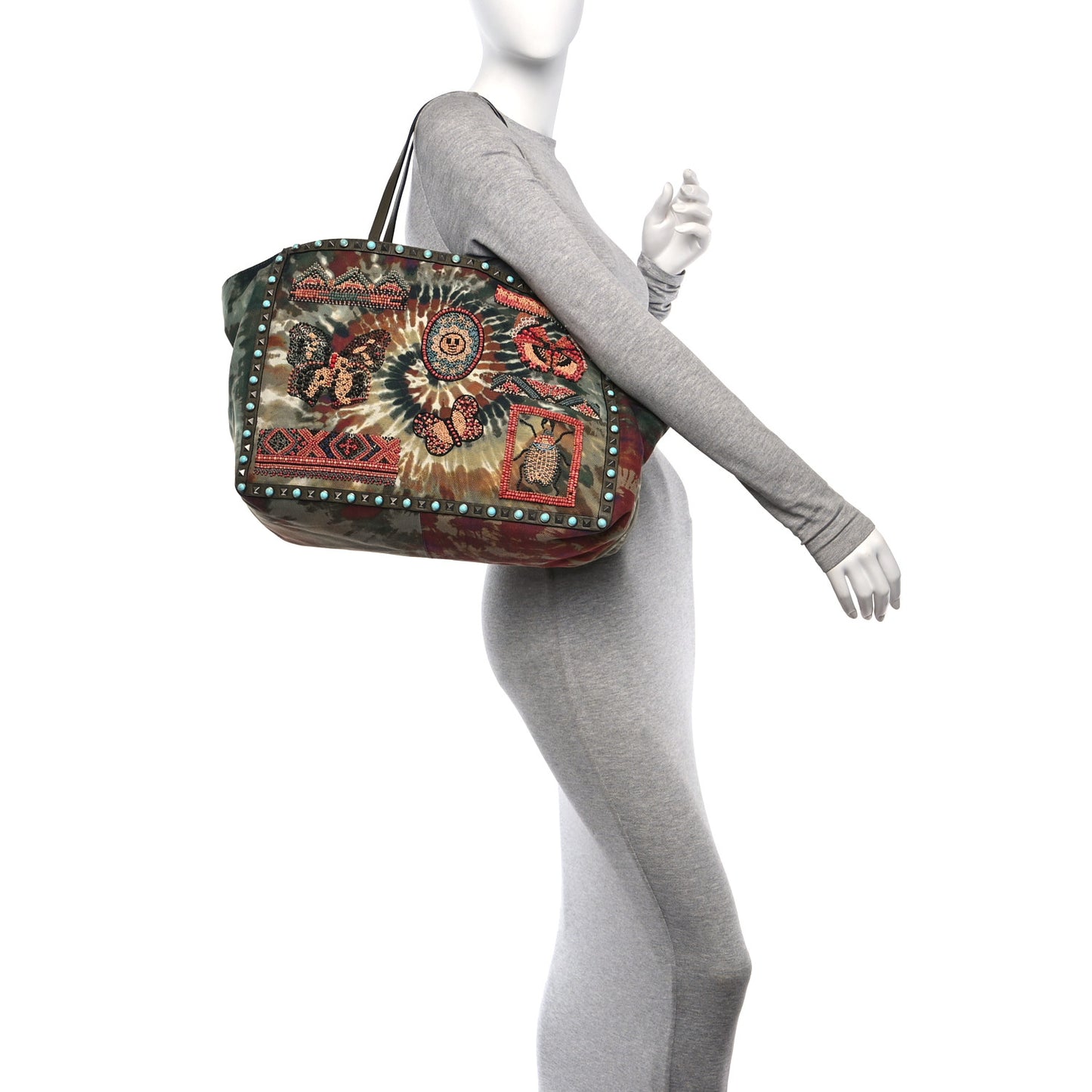Canvas Tie Dye Beaded Rockstud Rolling Tote Bag Multicolor