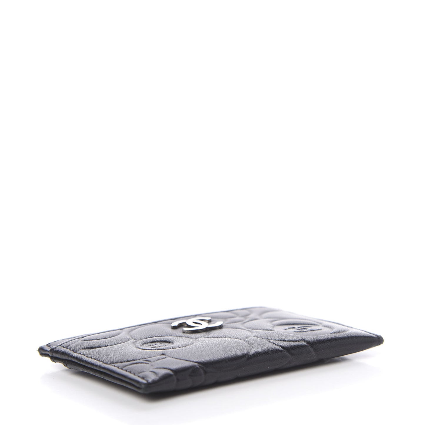 Lambskin Camellia Embossed Card Holder Black