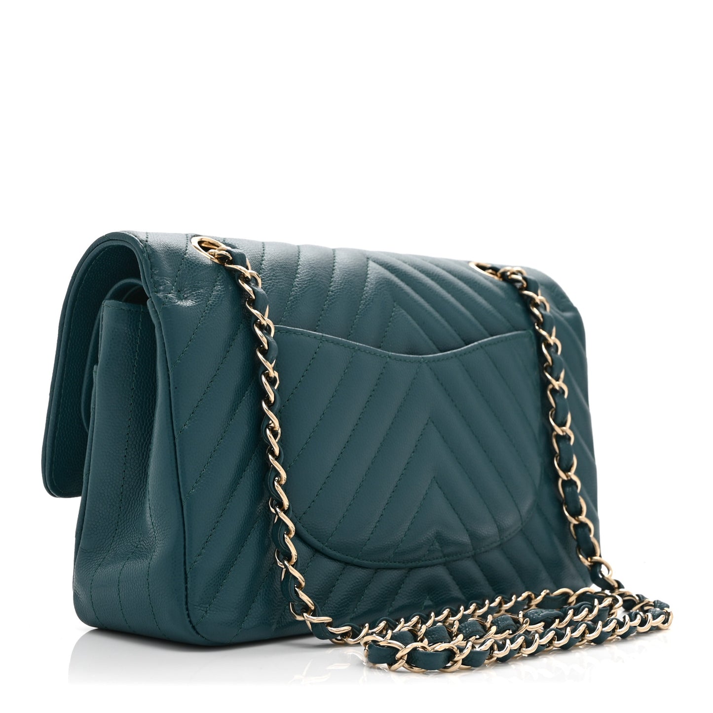 Caviar Chevron Quilted Medium Double Flap  Green
