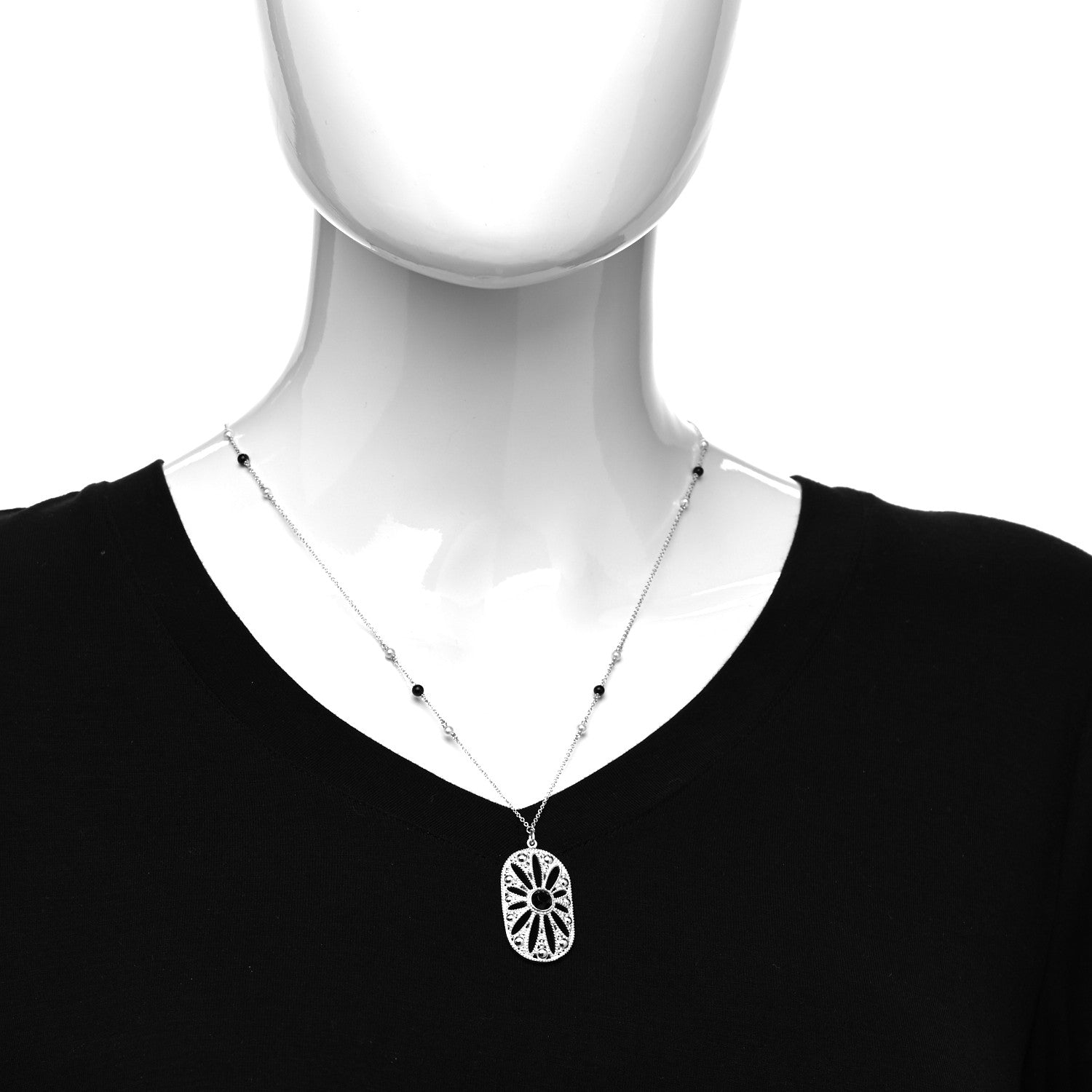 Tiffany Sterling Silver Black Onyx Pearl Ziegfeld Daisy Pendant Necklace 2 of 5