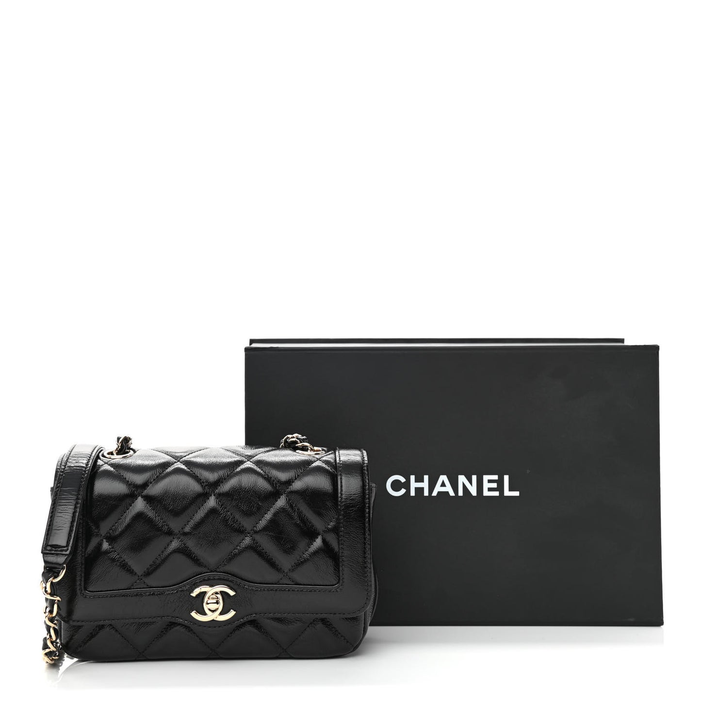 Crumpled Glazed Lambskin Quilted Mini Flap Black