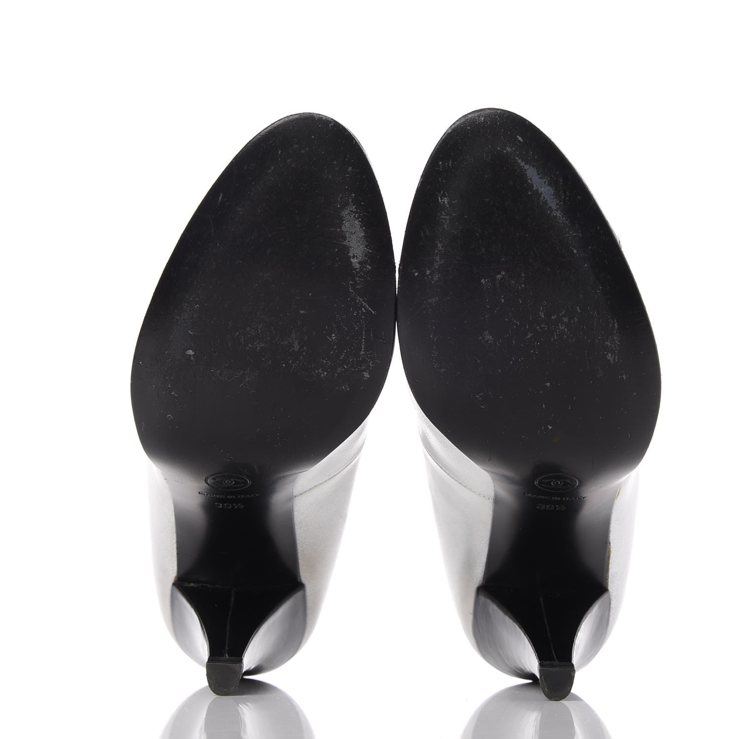 Chanel Metallic Lambskin Patent Cap Toe CC Pumps 39.5 Silver Black 7 of 19