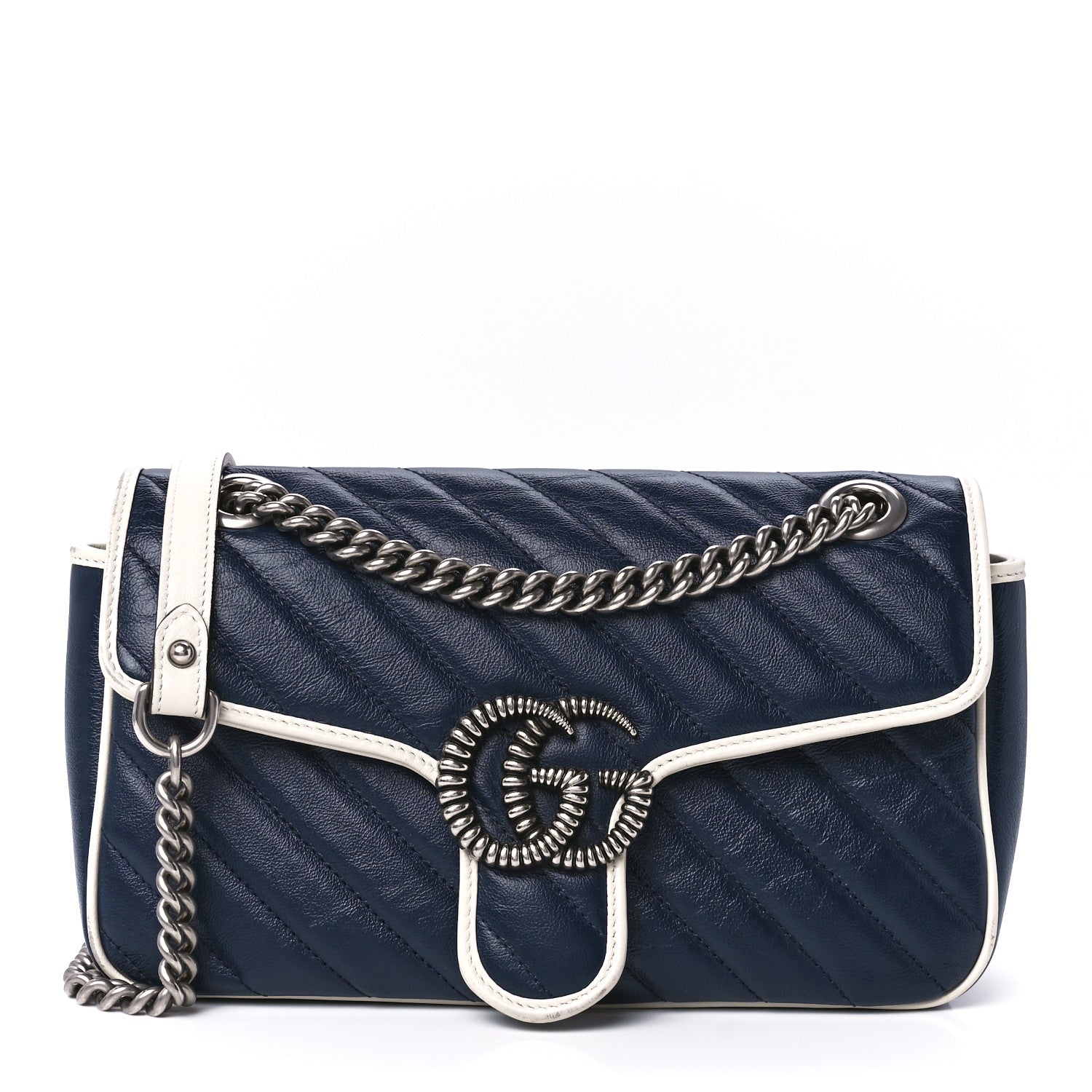 Gucci Vintage Effect Calfskin Matelasse Diagonal Small Torchon GG Marmont Shoulder Bag Blue Agata Mystic White 1 of 12