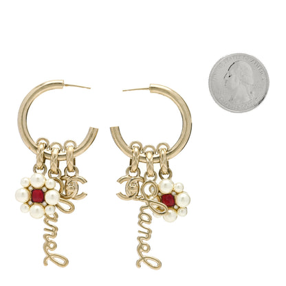 Chanel Crystal Pearl CC Turnlock Climber Hoop Earrings Gold Red Pearly White 2 of 4