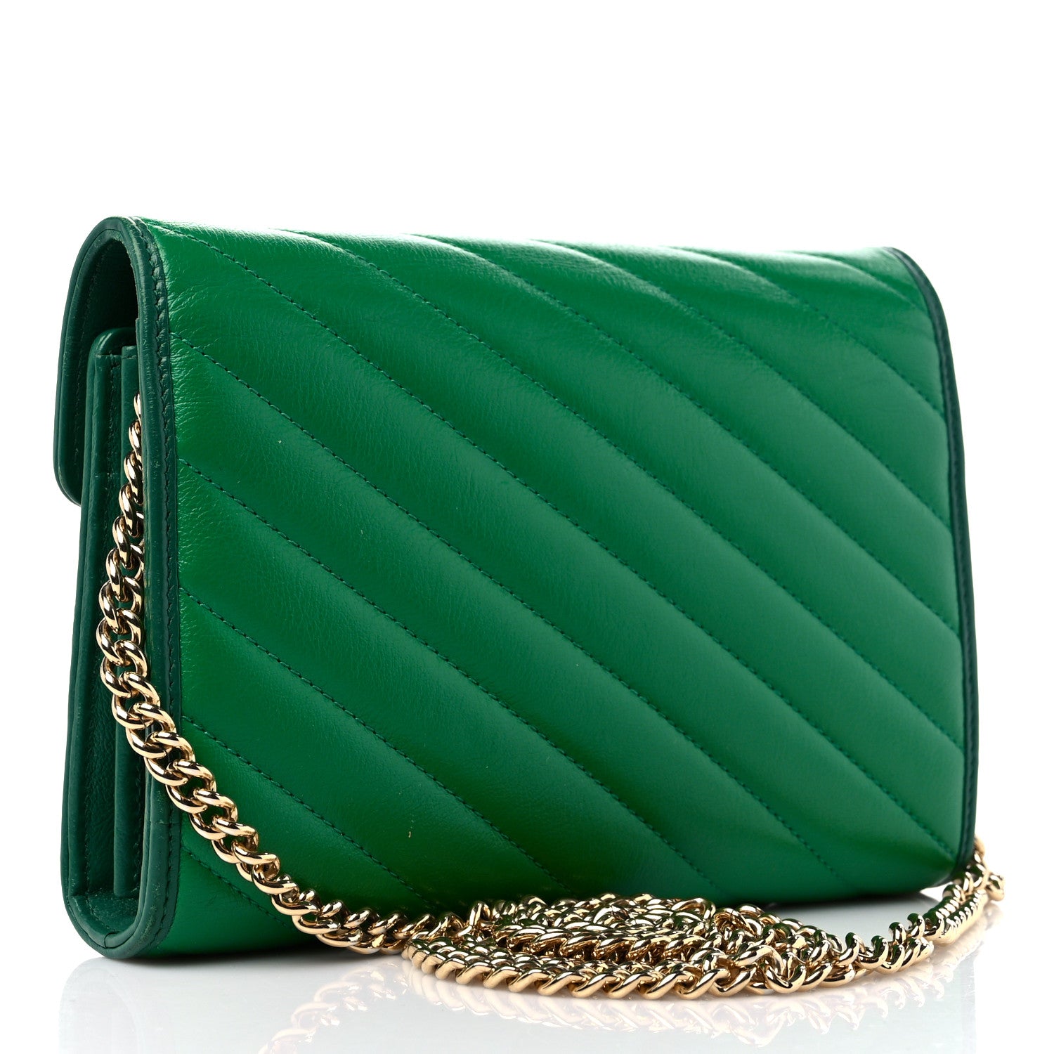 Gucci Azalea Calfskin Enamel Matelasse Diagonal Torchon GG Marmont Chain Wallet New Shamrock Emerald 3 of 13