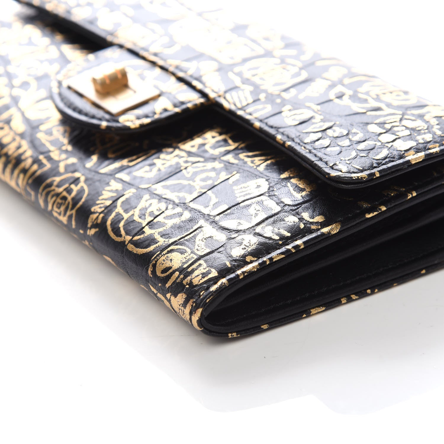 Chanel Calfskin Crocodile Embossed Graffiti 2.55 Cocodile Reissue Long Flap Black Gold 9 of 10