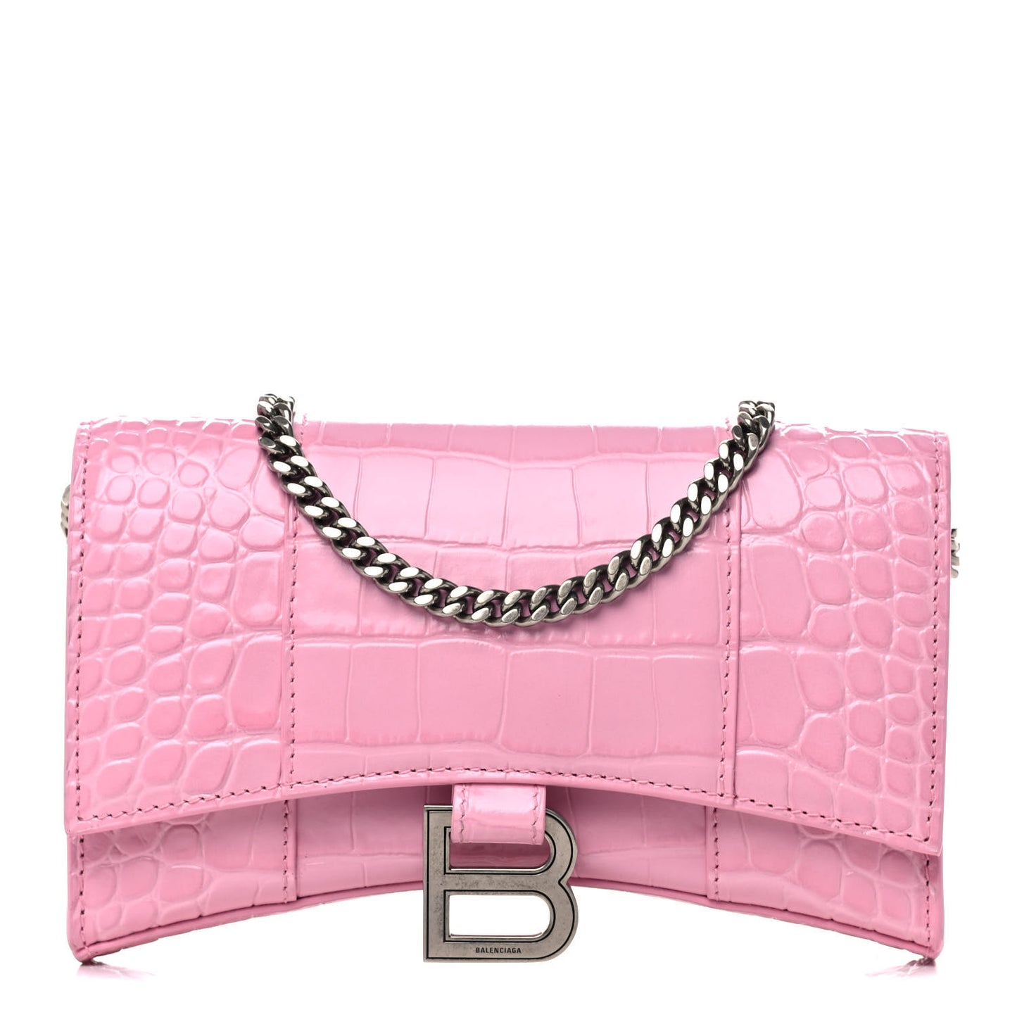 Shiny Calfskin Crocodile Embossed Hourglass Chain Bag Candy Pink