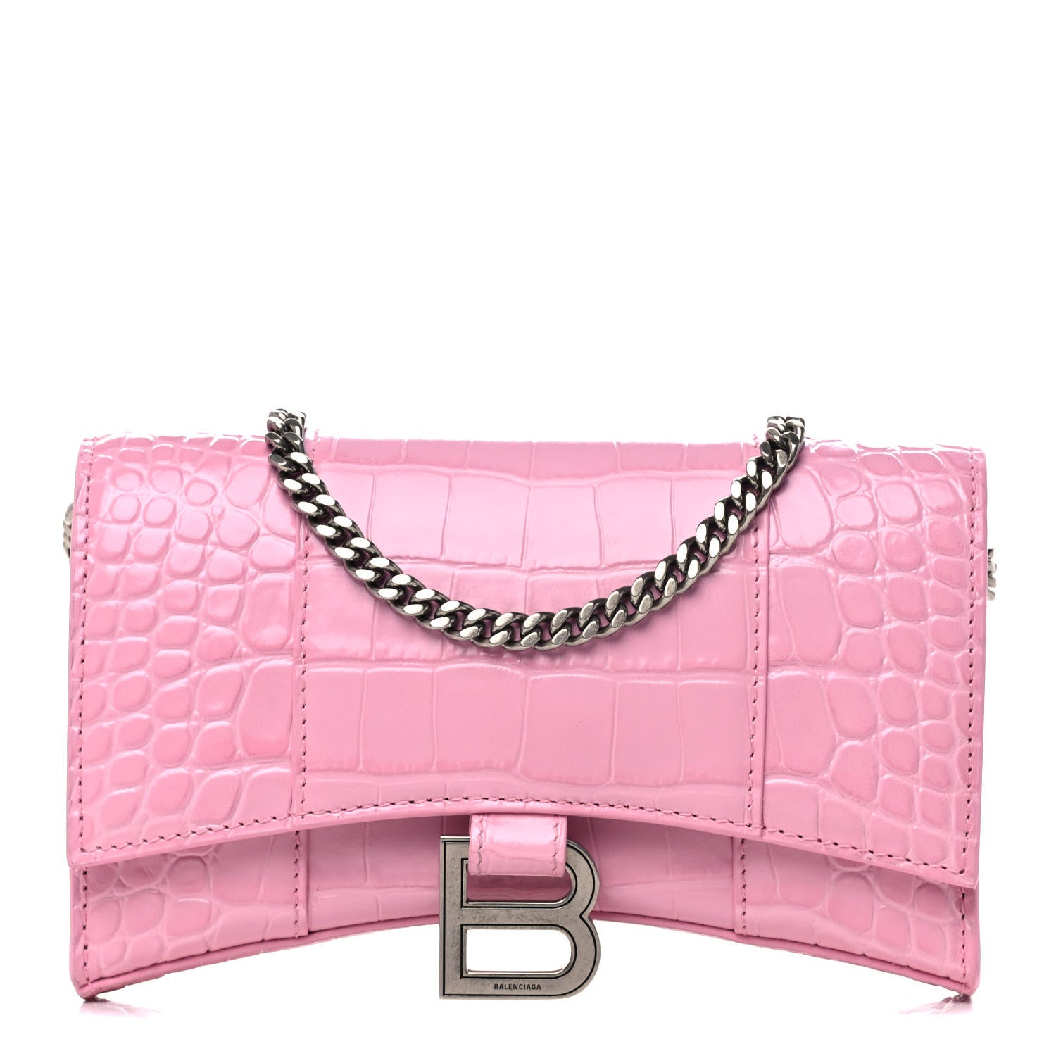 Balenciaga Shiny Calfskin Crocodile Embossed Hourglass Chain Bag Candy Pink 1 of 11