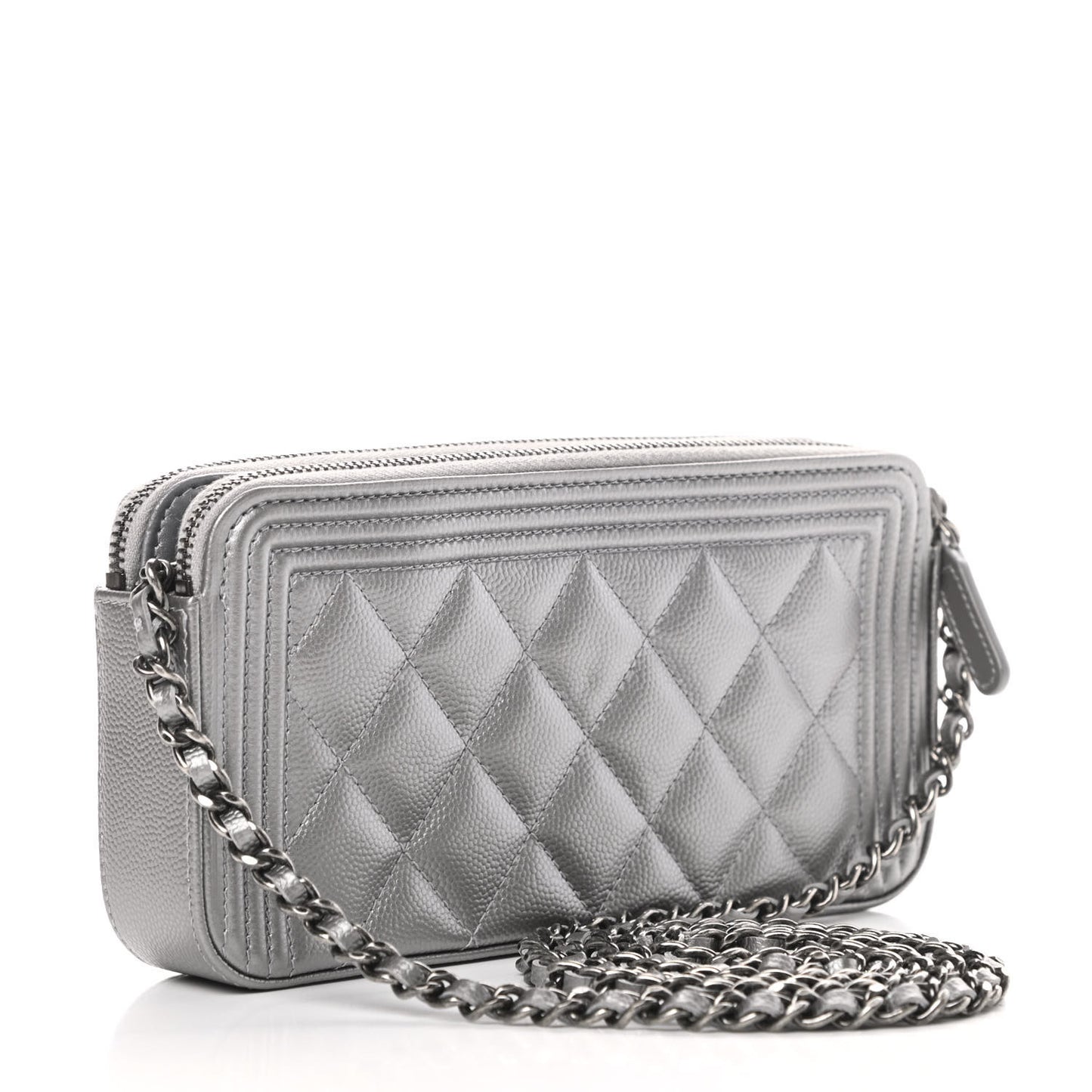 Metallic Caviar Quilted Small Boy Clutch With Chain Silver