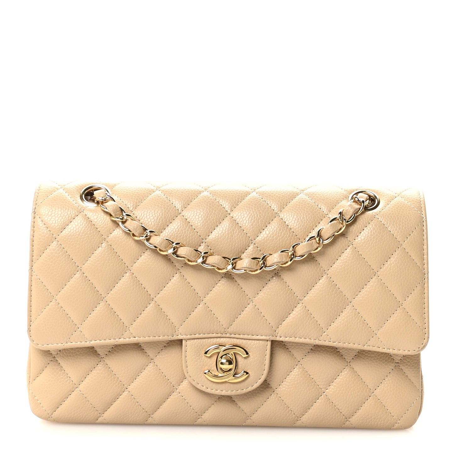 Caviar Quilted Medium Double Flap Beige
