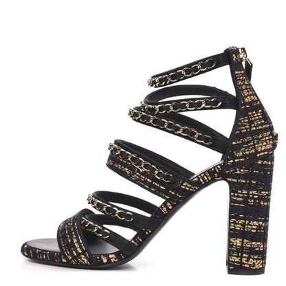 Chanel Metallic Tweed Gladiator Chain Sandals 39.5 Black Gold 1 of 9