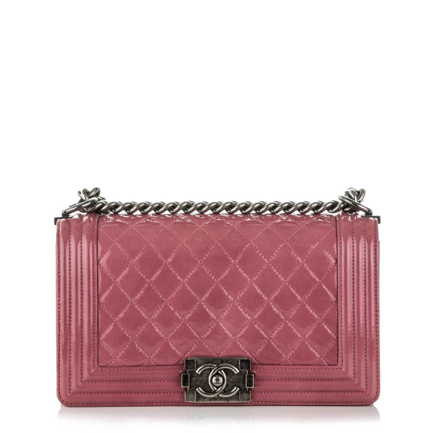 Distressed Patent Quilted Medium Boy Flap Pink