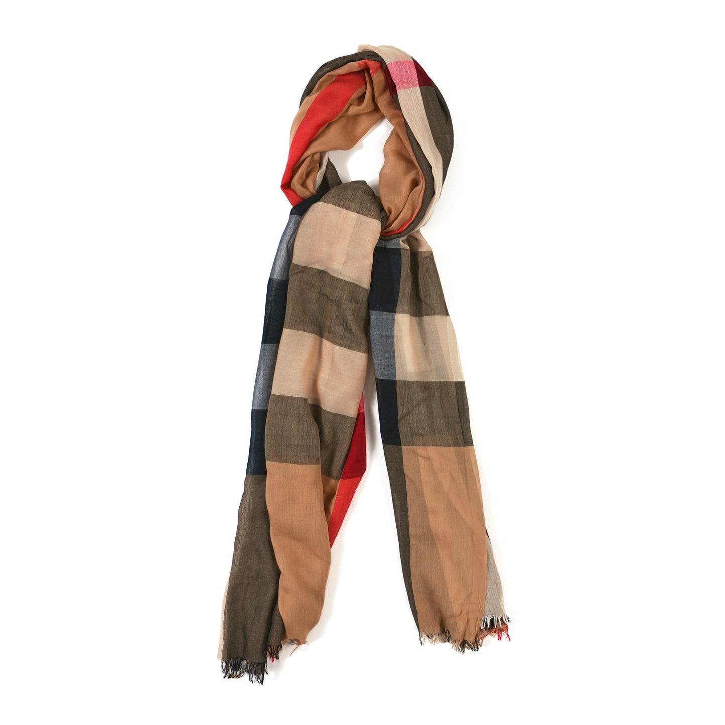 Wool Silk Gauze Giant Check Lightweight Scarf Camel