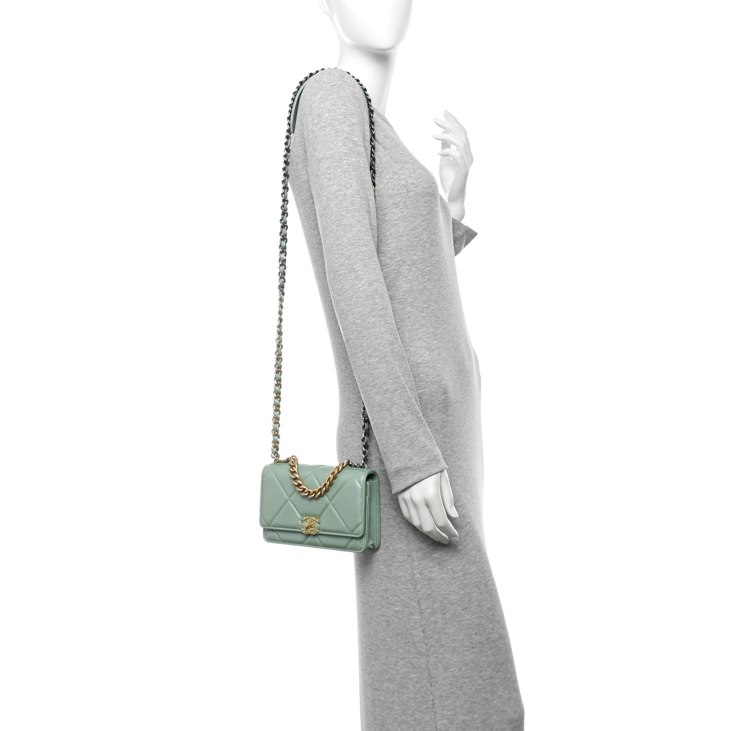 Chanel Shiny Lambskin Quilted Chanel 19 Wallet On Chain WOC Light Green 2 of 12