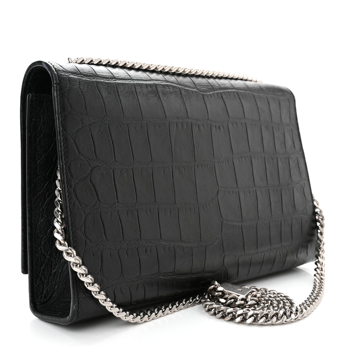 Calfskin Crocodile Embossed Medium Classic Monogram Kate Tassel Satchel Black