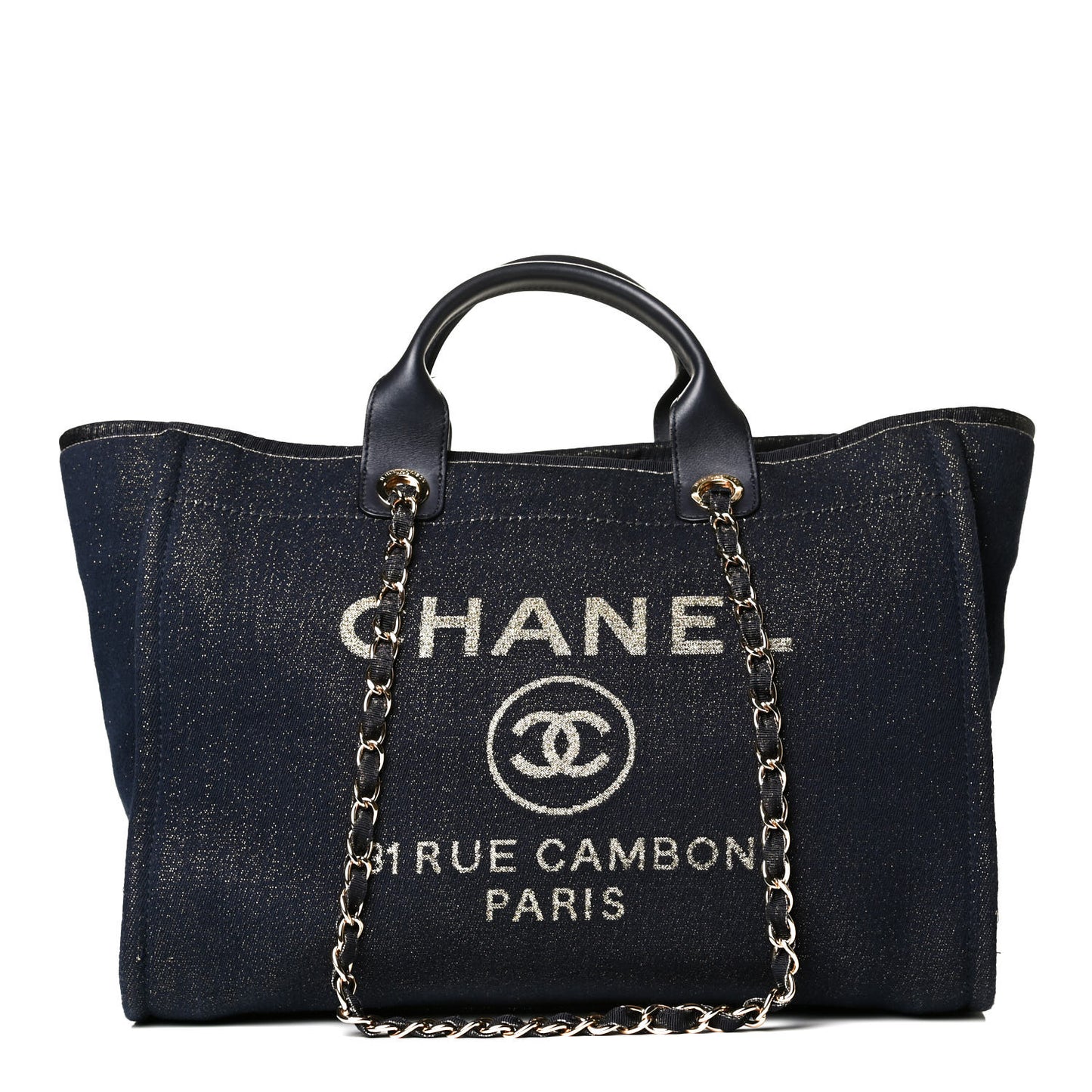 Lurex Canvas Medium Deauville Tote Navy Blue Gold