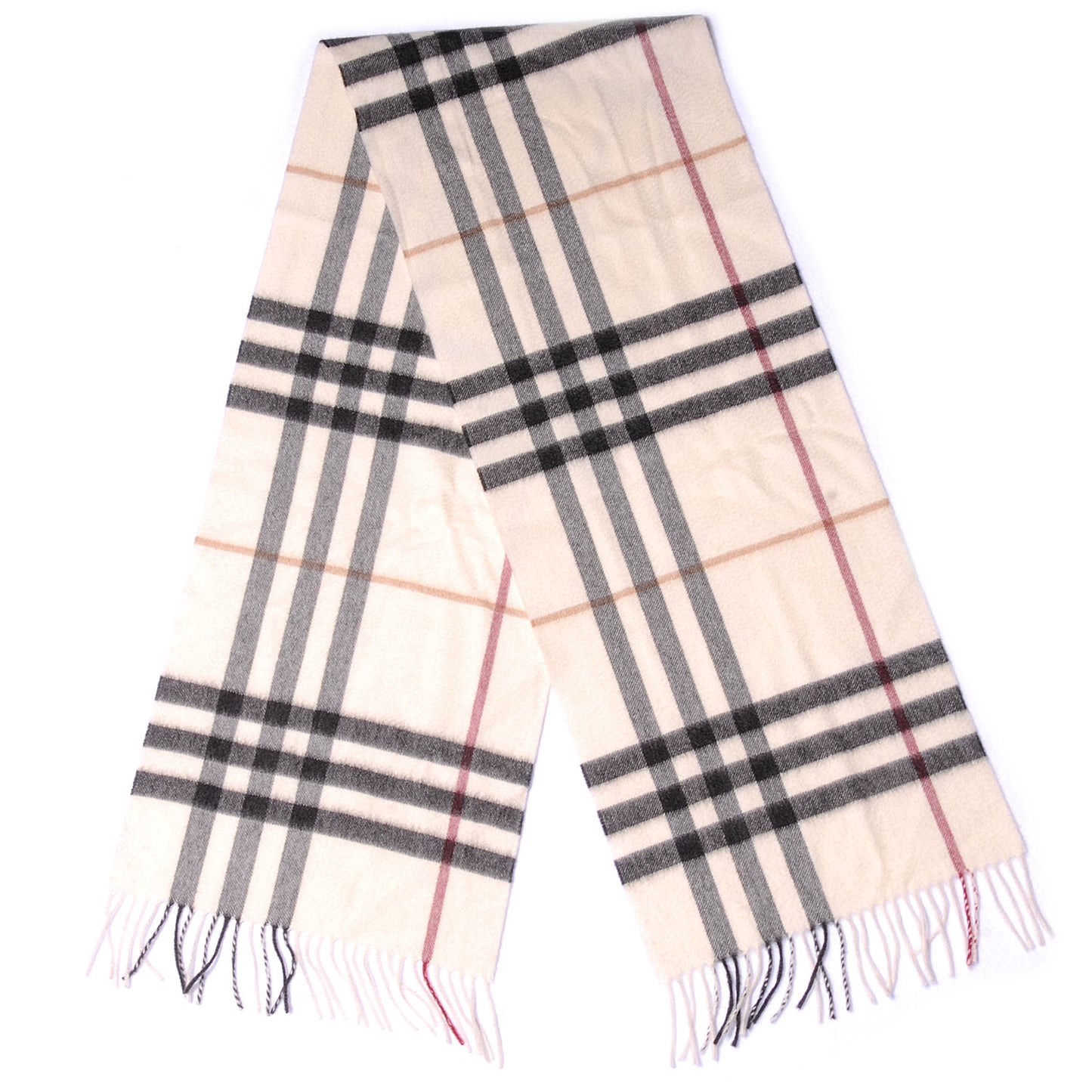 Cashmere Giant Check Fringe Scarf Ivory