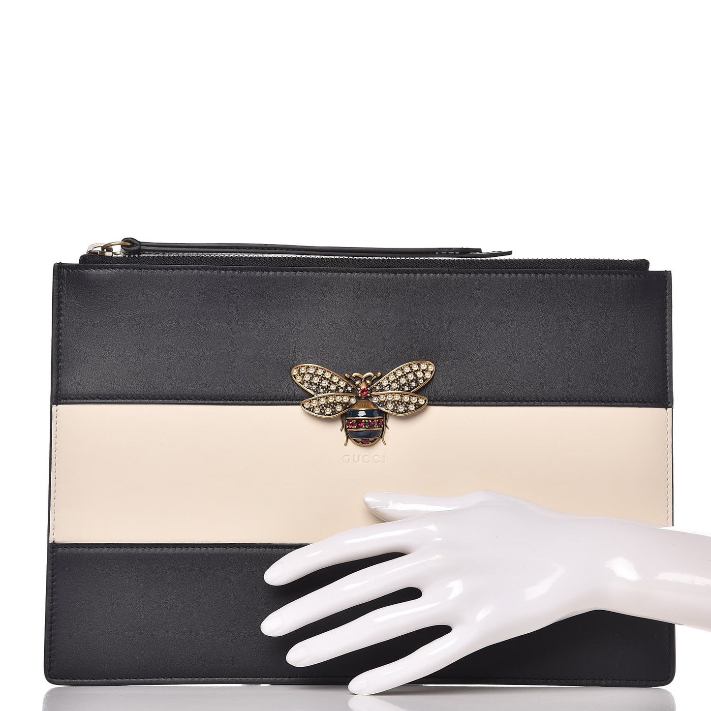 Calfskin Striped Oversized Bee Zip Pouch White Black