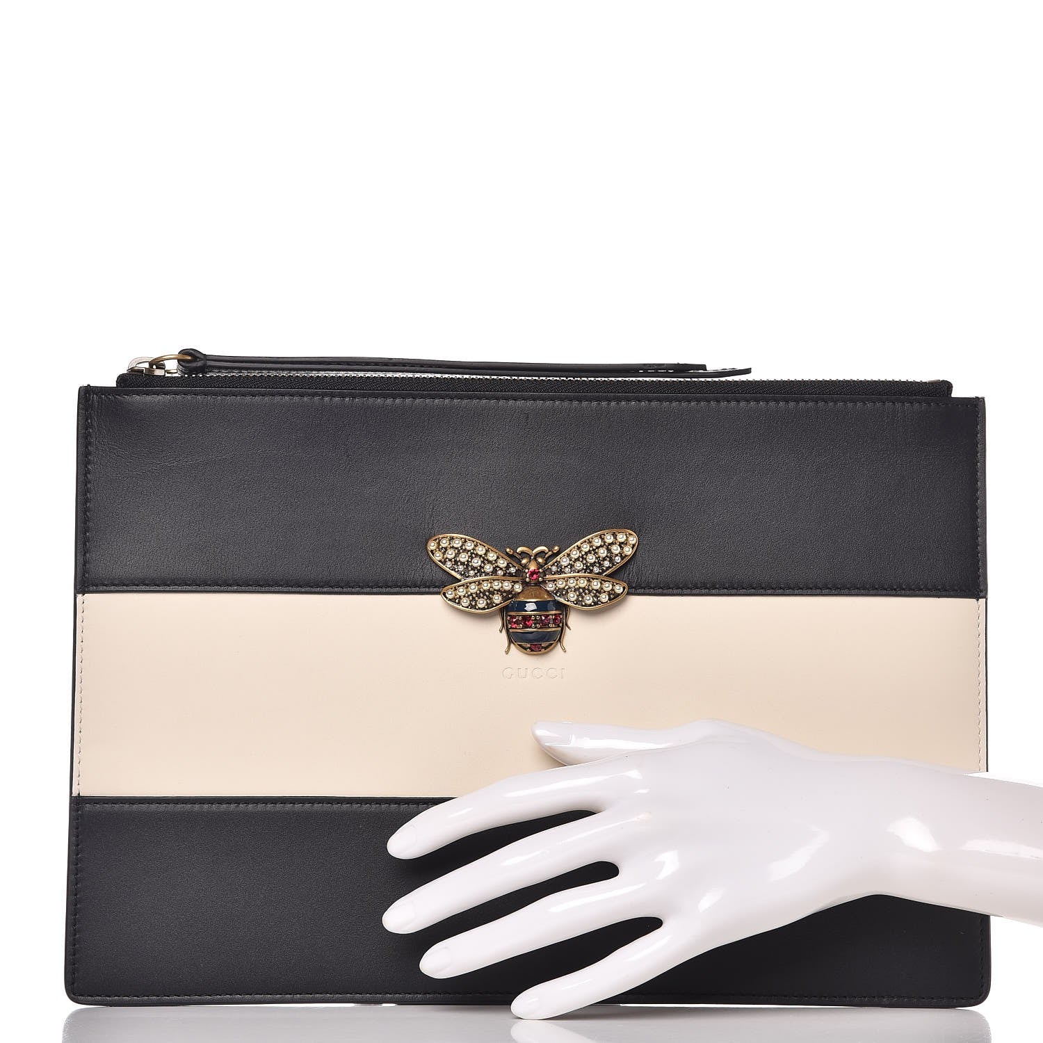 Gucci Calfskin Striped Oversized Bee Zip Pouch White Black 2 of 9