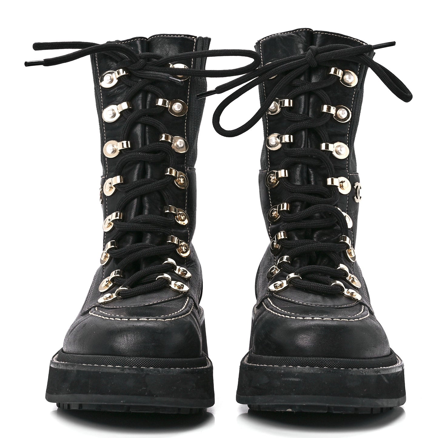 Calfskin Knit Lace Up Combat Boots 37.5 Black