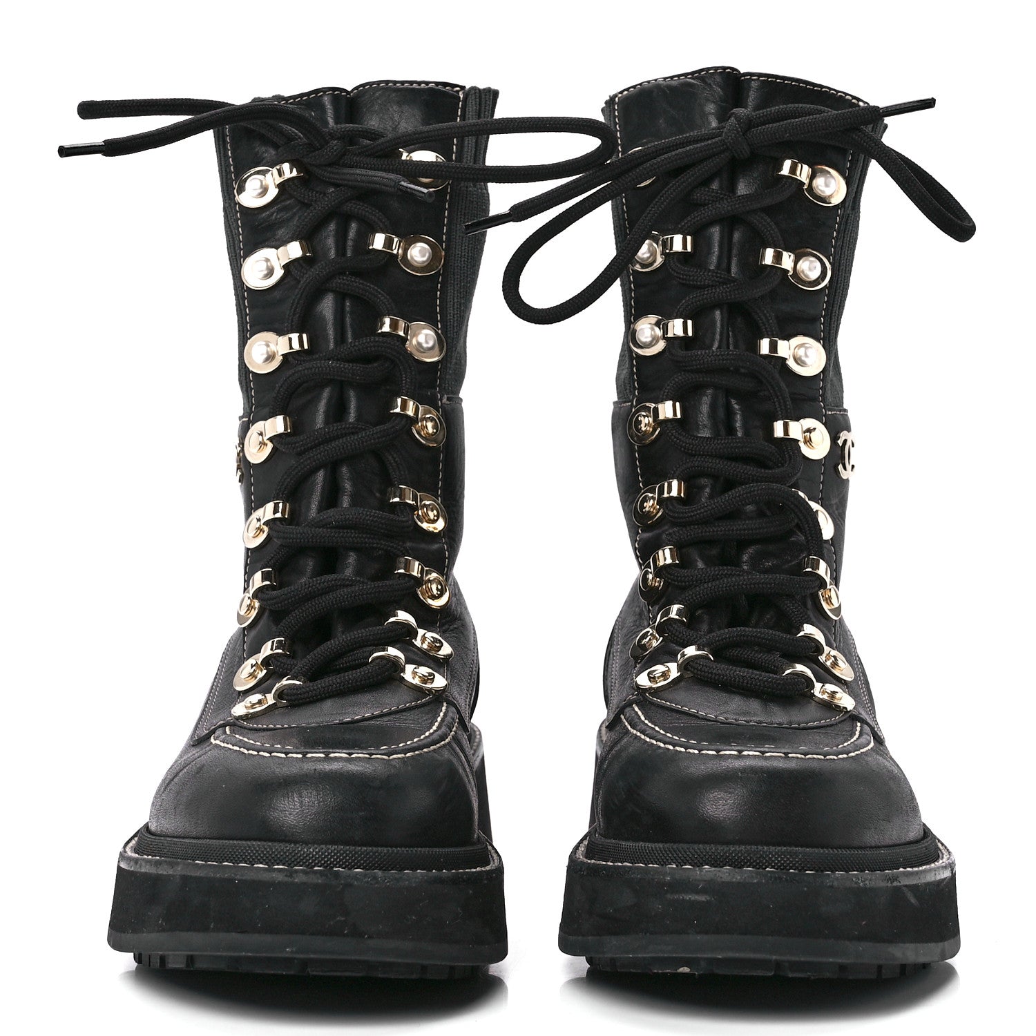 Chanel Calfskin Knit Lace Up Combat Boots 37.5 Black 2 of 7