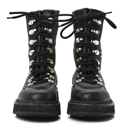 Chanel Calfskin Knit Lace Up Combat Boots 37.5 Black 2 of 7