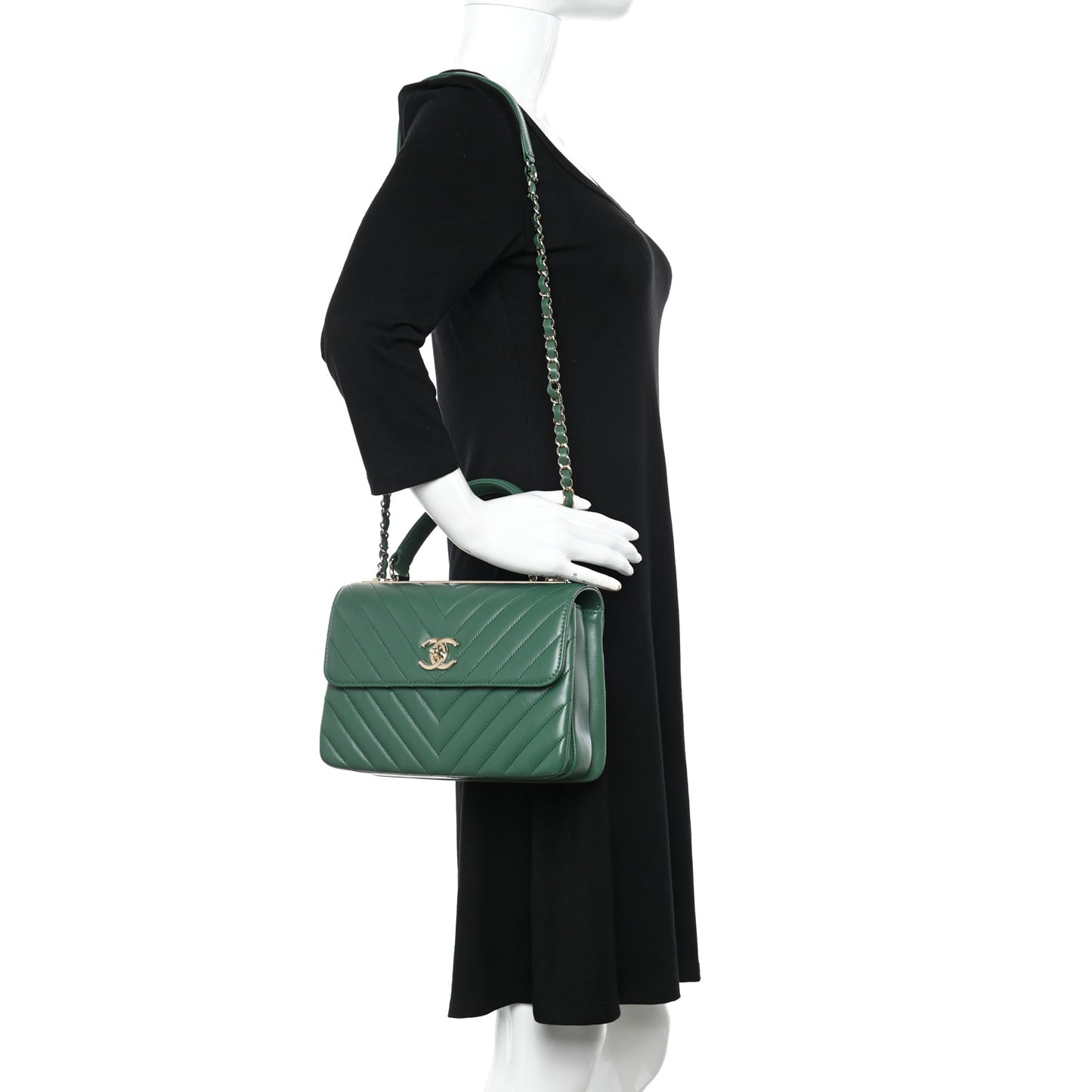 Lambskin Chevron Quilted Small Trendy CC Dual Handle Flap Bag Green
