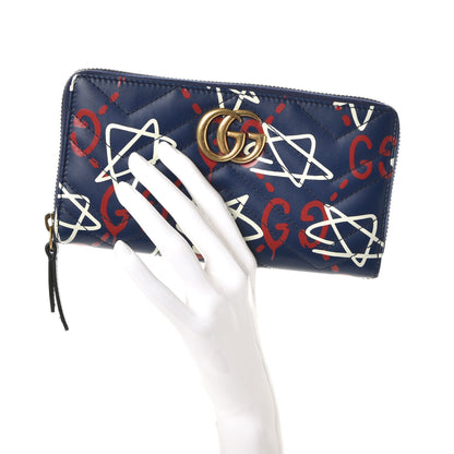 Gucci Calfskin Matelasse GucciGhost GG Marmont Zip Around Wallet Blue Agata Hibiscus Red 2 of 8