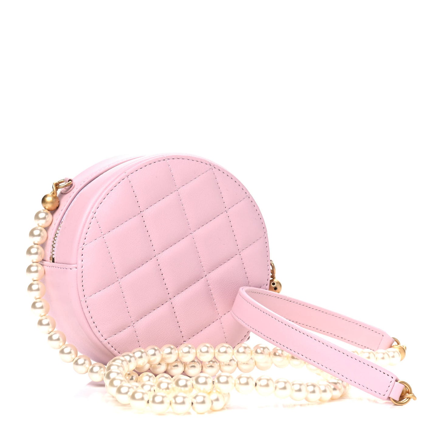 Calfskin Quilted Pearl Round Clutch With Chain Light Pink