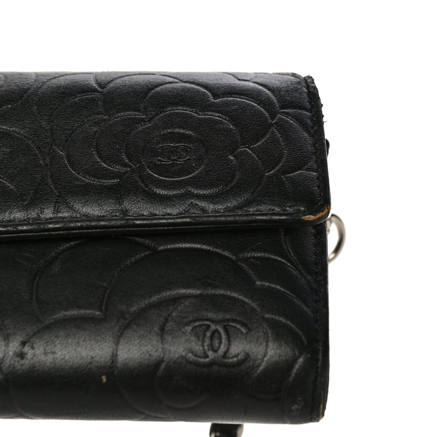 Lambskin Camellia Embossed Wallet on Chain WOC Black
