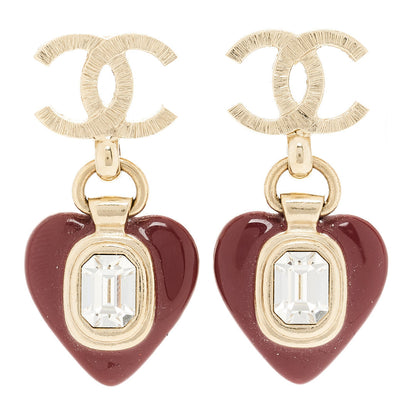 Chanel Resin Crystal CC Heart Drop Earrings Red Gold 1 of 5