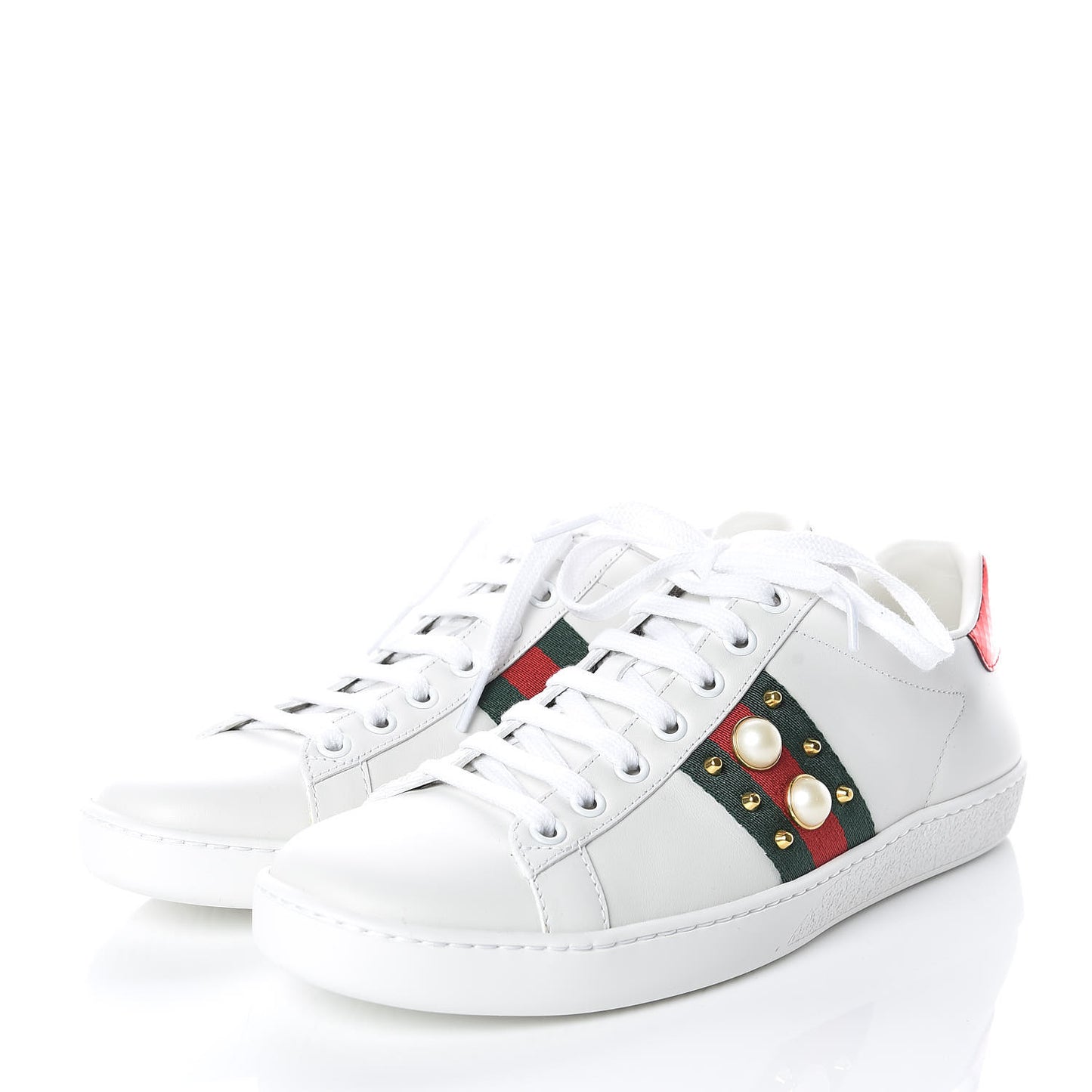 Calfskin Web Pearl Studded Womens Ace Sneakers 38 White