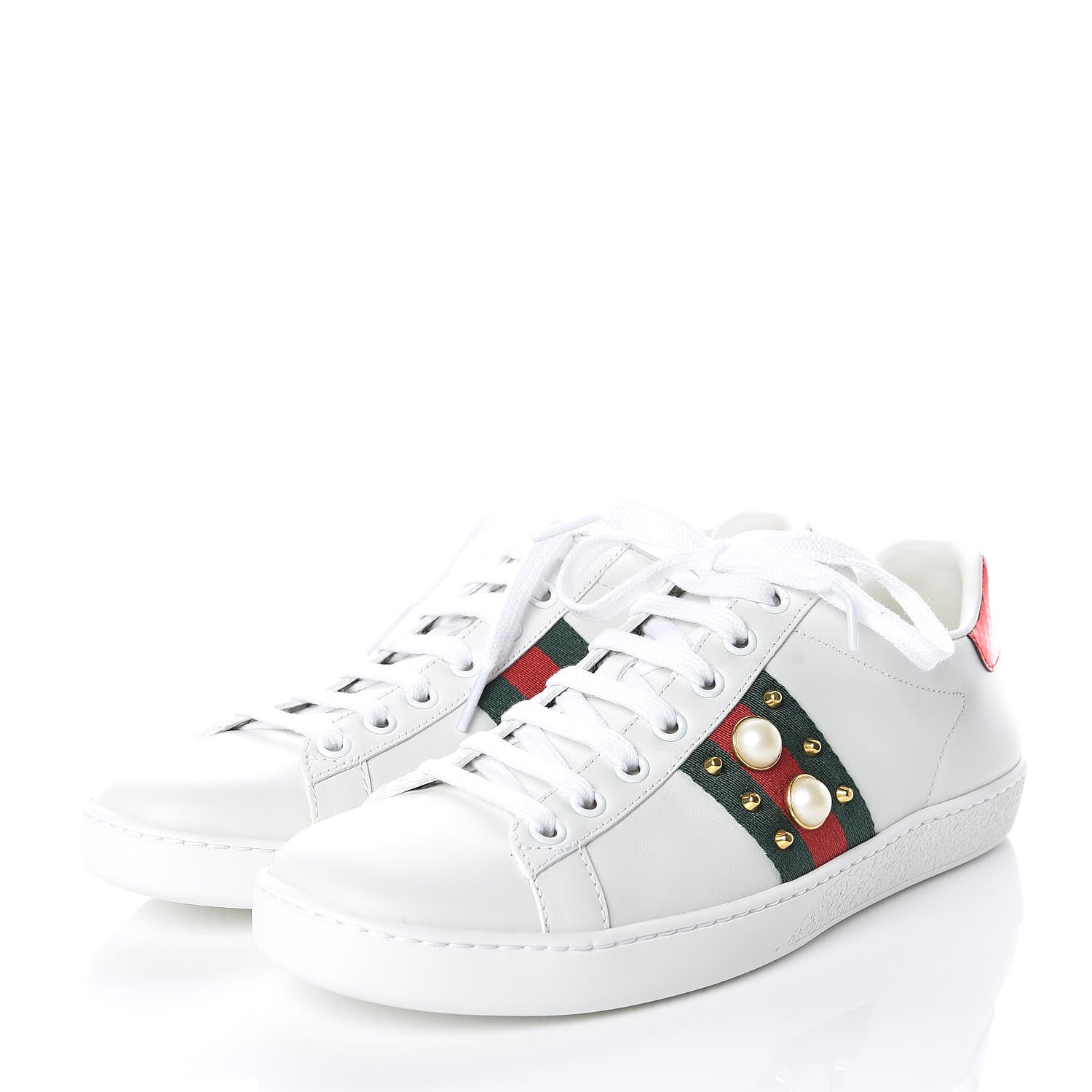 Gucci Calfskin Web Pearl Studded Womens Ace Sneakers 38 White 3 of 10