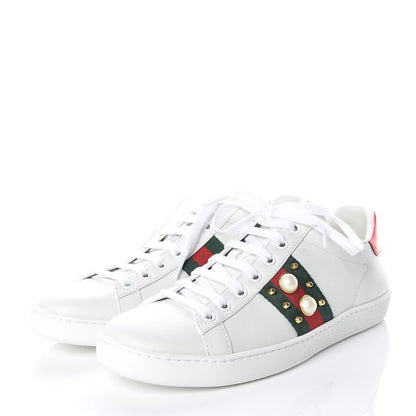 Gucci Calfskin Web Pearl Studded Womens Ace Sneakers 38 White 3 of 10