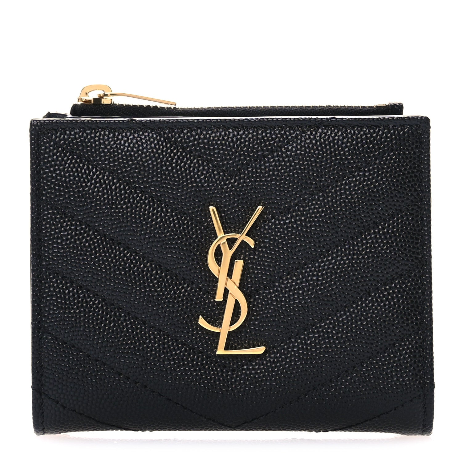 Saint Laurent Grain De Poudre Matelasse Chevron Monogram Zipped Card Case Black 1 of 8