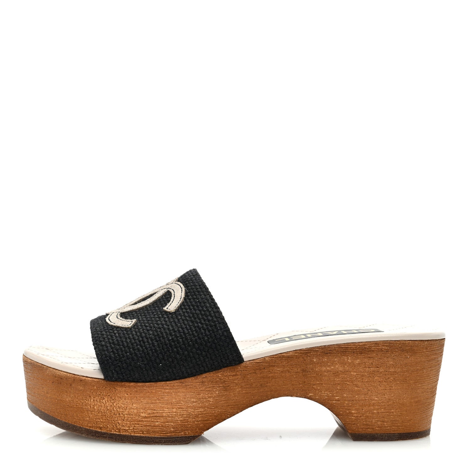 Chanel Fabric Suede Calfskin Wooden CC Clogs 36 Black Light Grey 1 of 6