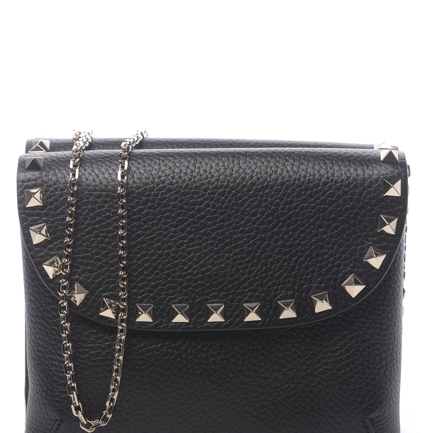 Pebbled Calfskin Rockstud Pouch On Chain Black