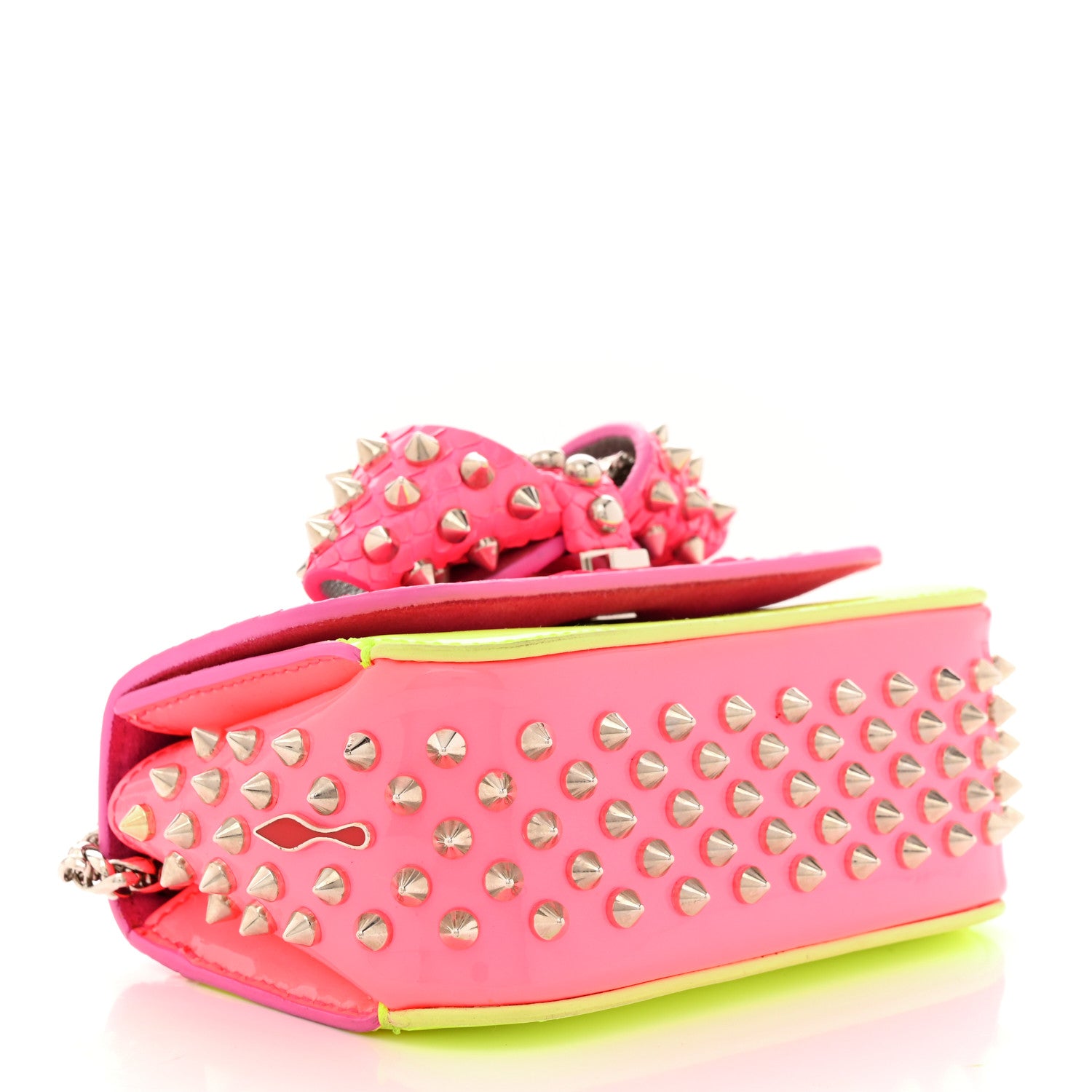 Christian Louboutin Patent Snakeskin Spiked Sweety Charity Crossbody Bag Neon Pink Yellow 4 of 9